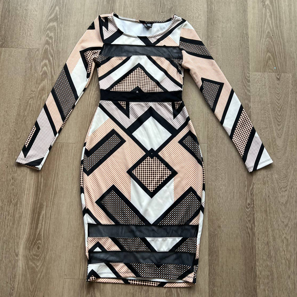 Fire Los Angeles Small Black/Tan/White Abstract A-Line Midi Long Sleeve Dress